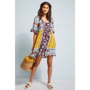 LILKA by ANTHROPOLOGIE Patchwork Trapeze Dress Mixed Media Boho Hippie SIZE XS